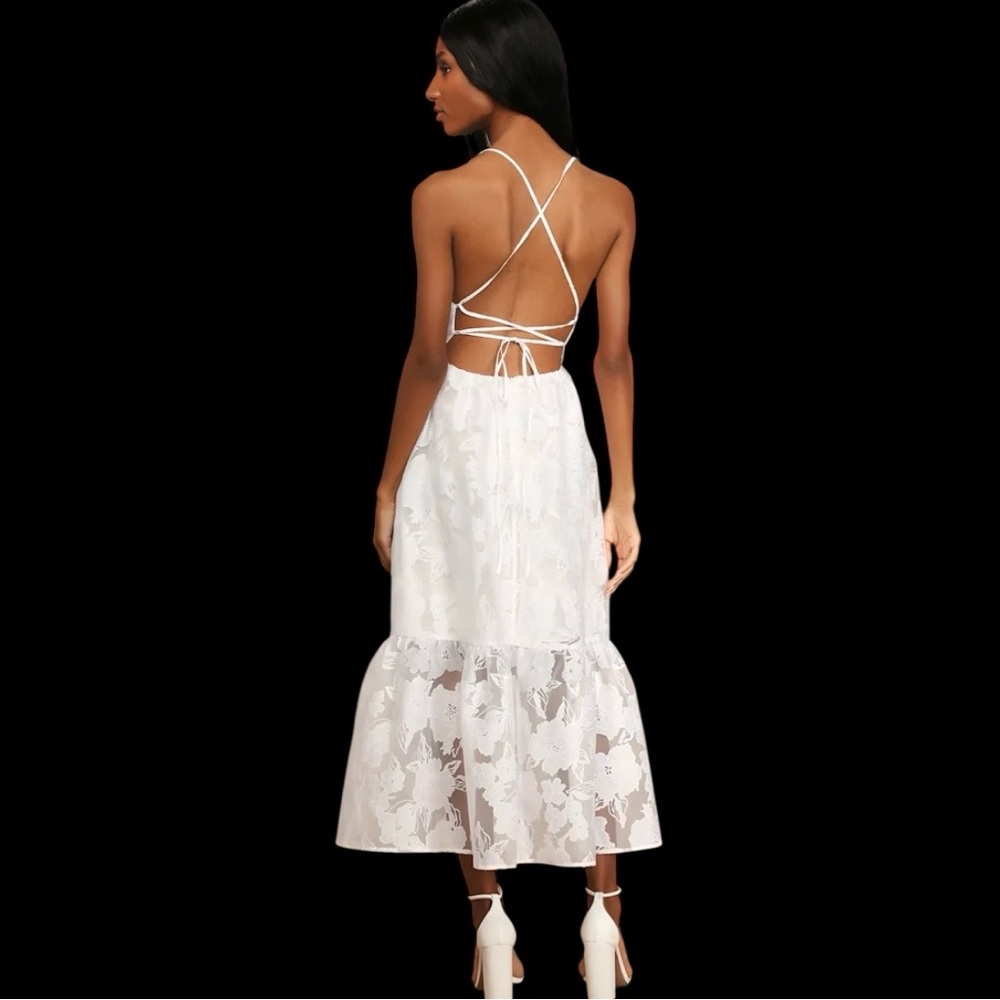 Lulus Feeling Like Forever White Jacquard Organza Lace-Up Midi Dress NWOT - Picture 4 of 6